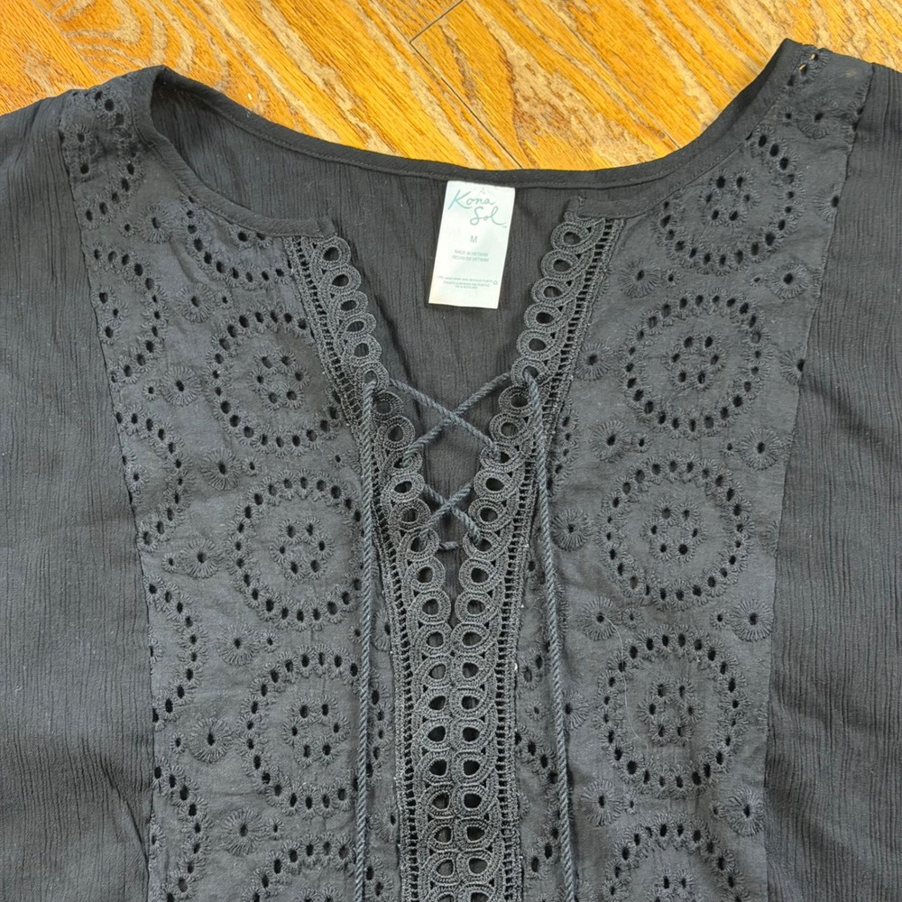 Kona Sol Black Eyelet Lace Up Beach Swim Cover Up Top Tassel Tunic Womens Medium